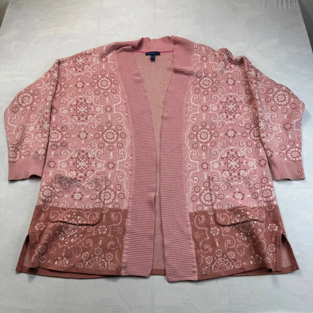 Isaac Mizrahi Live Cardigan Sweater Womens 1X Pink Jacquard Floral Open Front
